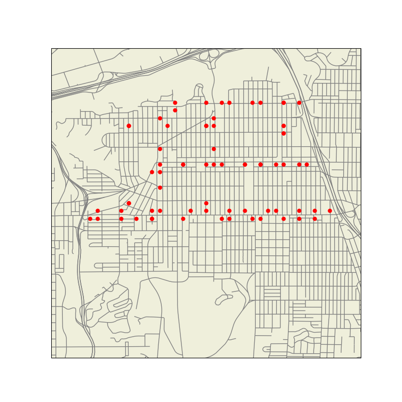 Map of all bus stops in the University Heights and North Park study area
